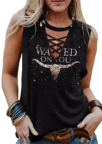 Wasted On You Steer Skull Criss-Cross Hollow Out Tank Tops Women Western Cowboy Rodeo Shirt Tops Country Music Tank Tops