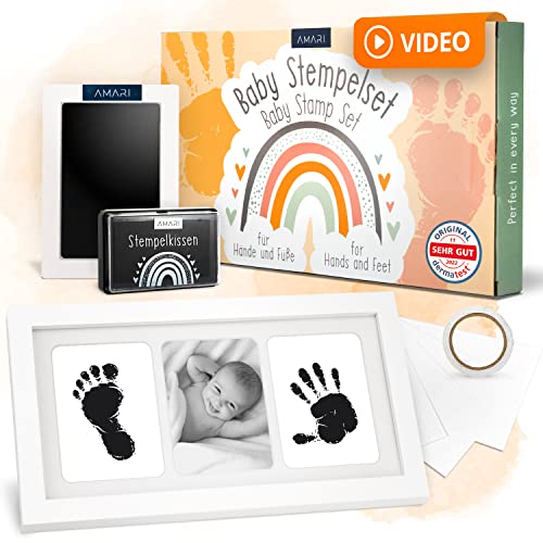 Amari ® Baby Handabdruck und Fußabdruck Set inkl. 2 Stempelkissen und 4 Druckkarten - Ideales Baby Geschenk zur Geburt - Hand und Fuß Abdruck mit Bilderrahmen - Babyparty Fußabdruck Geschenk