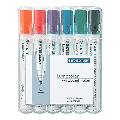 Rotulador Staedtler Lumocolor 351 WP6, punta redonda de aprox. 2 mm de ancho de línea, juego con 6 colores, alta calidad, seco y sin residuos de Whiteboards, color multicolor Marker