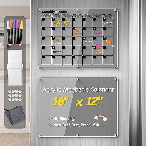 Amazon.com : Magnetic Acrylic Fridge Calendar, 2PCS Clear Dry Erase Calendar  for Refrigerator, Family Calendar Monthly Planning Boards, White Board  Include 5 Colors Marker, Pen Holder & Erase Towel(Black+Black) : Office  Products