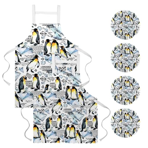 Tablier de serveuse avec 4 broches pour nettoyage et restaurant motif pingouin