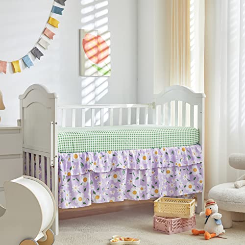 3 Pieces Crib Bedding Set Baby Ruffle Quilted Comforter With Fitted Sheet And Bed Skirt - Cute Ruffled Shabby Chic Baby Bedding Soft Blanket Design Purple With White Floral #TOP2
