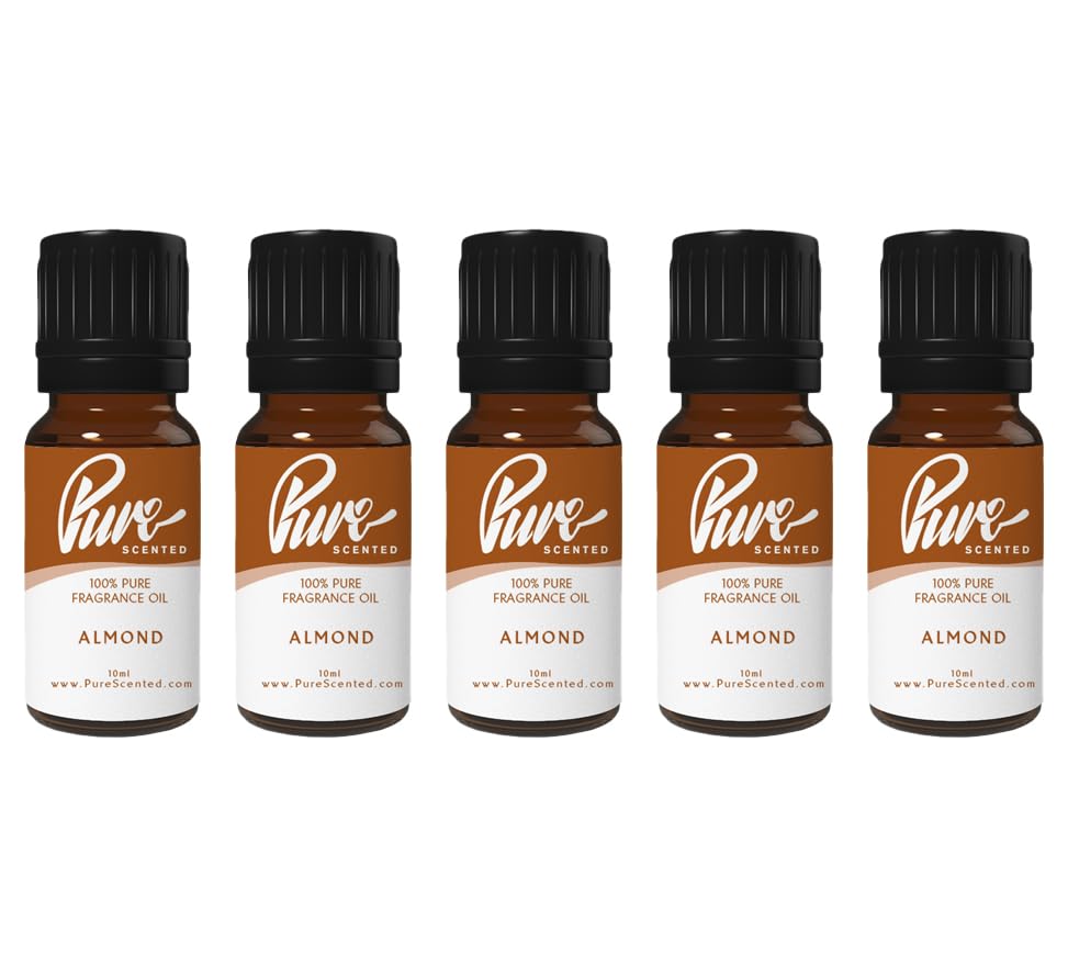 Pure Scented 50ml Fragrance Oils - 5 x 10ml Suitable for Candles, Soaps, Slime, Diffusers, Cosmetics, Wax Melts, Designer (5 x 10ml, Almond)