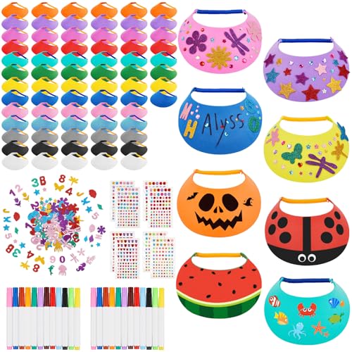Outus 94 Pcs Assorted Craft Decorations with 72 Foam Visors for Kids DIY Sun Visor Kit with Stickers & Markers for Arts & Crafts Activities (Classic Color)