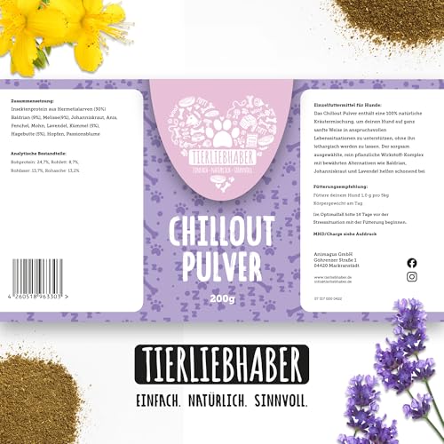 TIERLIEBHABER - Chillout Pulver 200g Natürliche Beruhigungshilfe & Anti-Stress Ergänzung für Hunde – Unterstützung bei Stress, Autofahrt, Silvester, Training – Beruhigungsmittel für Hunde & Pulverform
