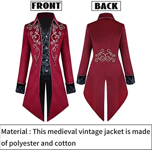 TTOKGZG Steampunk Vintage Staartjas Heren, Middeleeuws Gotisch Fluwelen Geborduurde Staartjas, Victoriaanse Frock Uniform voor Steampunk-Thema & Dansfeest, Halloween (Rood, M