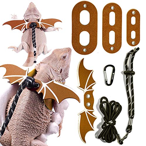 WATFOON 3 Pack Bearded Dragon Lizard Leash Harness Adjustable Dragon Wing Soft Leather Reptile Leash Harness 3 Different Size for Amphibians Leopard Gecko Guinea Pigs Rats Rabbit Small Animals(Brown)