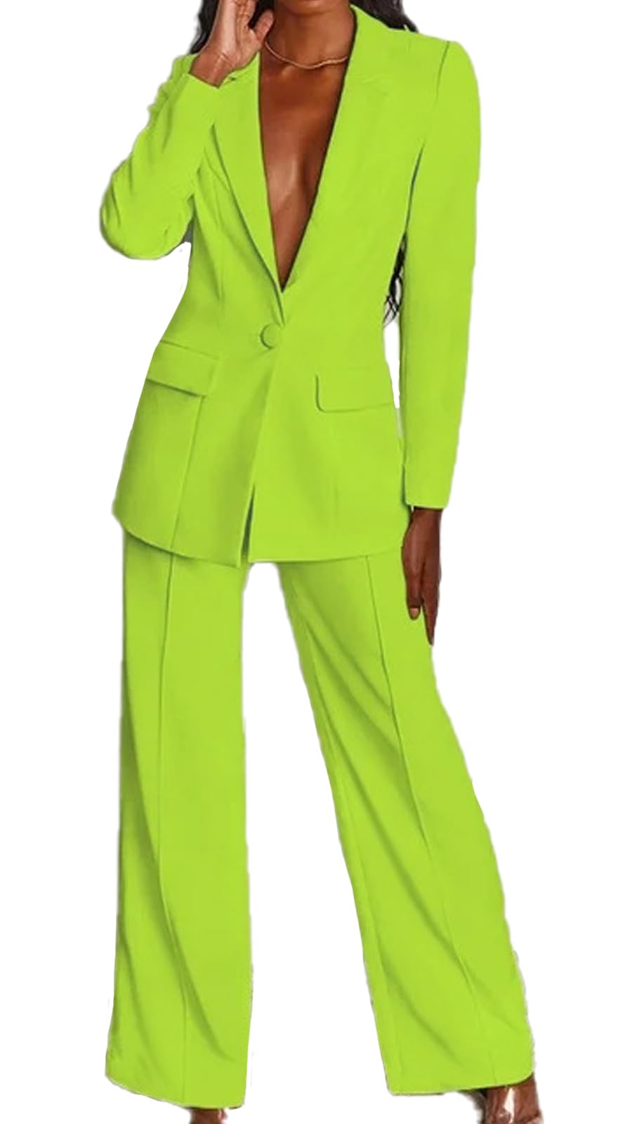 Womens Suit 2 Piece Solid Color Outfits Single Button Suit Loose Blazer Wide Leg Work Pants Business Commuting