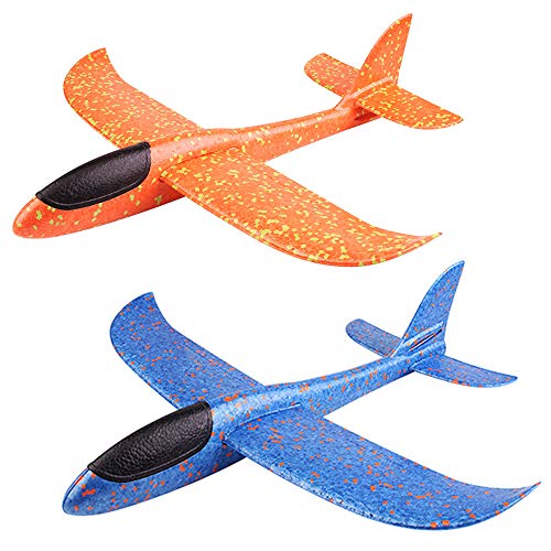 Huture 2 Pieces 15 Inch Polystyrene Aeroplane Children's Aeroplane Toy Outdoor Throw Glider Foam Aeroplane Toy Glider Blue Orange Aeroplane Gift for Boys Girls Children's Birthday