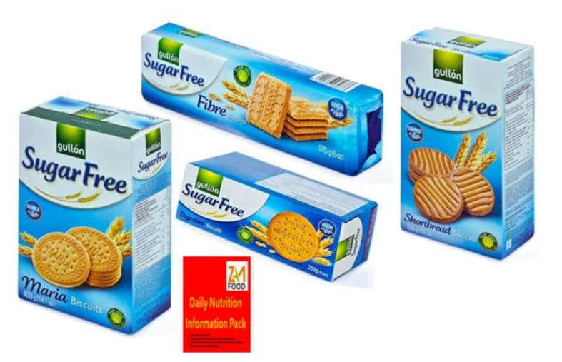Gullon Sugar Free Biscuits Plain Assortment x 4 Diabetic friendly Types with zamfoods nutrition pack- Maria, Shortbread, Fibre & Digestive on christmas, mothers & Fathers days gift pack (1 Bundle)