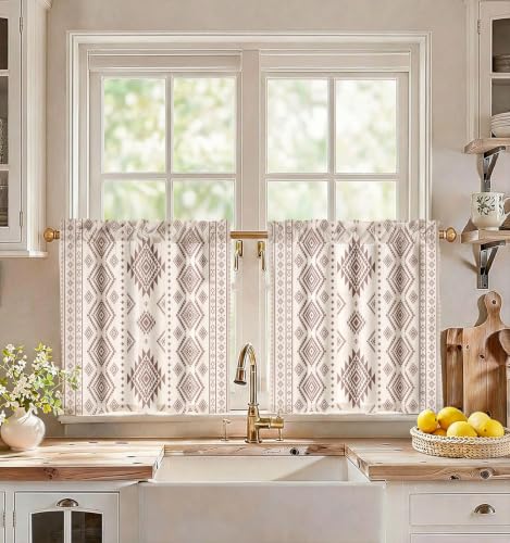 Image of Miss Adola Boho Kitchen Curtains - 24 Inch Length Linen Blend Geometric Striped Cafe Curtains Western Tier Curtain Short Drapes Rod Pocket for Bathroom Living Room Windows Light Filtering, 2 Panels