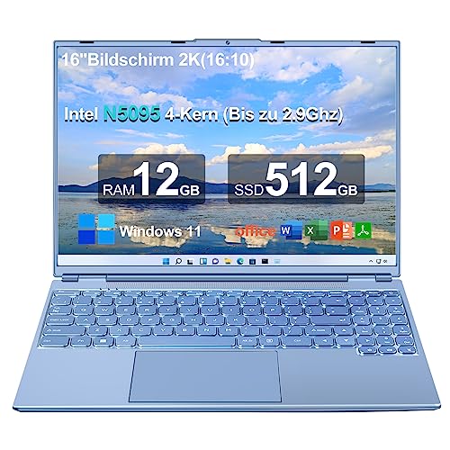 AOCWEI Laptop 16 Zoll 12GB RAM 512GB ROM Erweiterungen 2,5" 1 TB SSD, Laptop Win 11 mit 4-Core CPU N5095 (bis zu 2,9 GHz), 1920 * 1200丨5G WiFi丨Bluetooth & Deutsche Tastatur Aufkleber-Blau