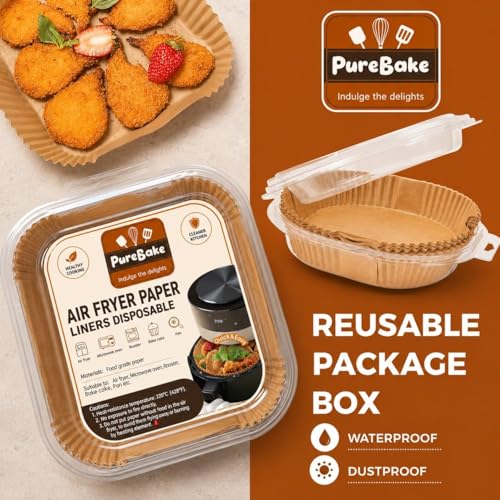 Image of PureBake 100 Pcs Air Fryer Paper Sheets, Disposable Paper Liner, Parchment Paper for Airfryer & Microwave, Oil Proof for Frying, Baking, Cooking, Roasting (Square, 8 Inch, with Oil Brush)