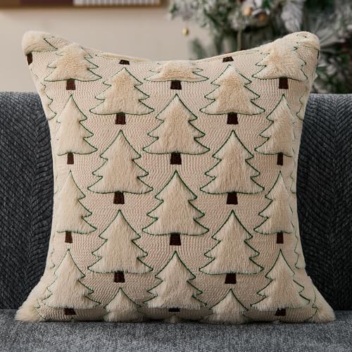 Image of Allorry Christmas Pillow Covers 16x16 inch Set of 2 Christmas Decorations Soft Plush Faux Fur Wool Beige Xmas Tree Throw Pillow Cases Winter Holiday Decor for Sofa Living Room PT-012C16