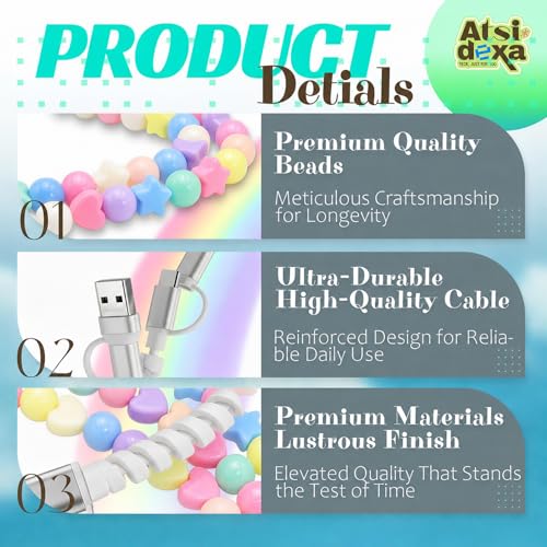 Image of 4-in-1 Beaded Charging Cable, MFi Certified, Works with CarPlay, 3.3FT 60W Fast Charger Cord for iPhone 17 /16 /15 /14 /13 /12 /11, iPad, Samsung, Android and More (Pastel Charms)