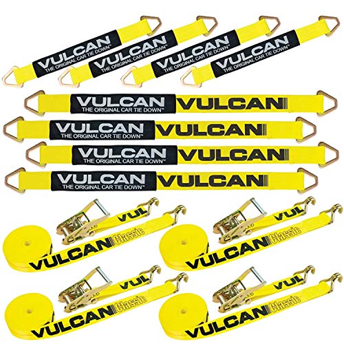 VULCAN Complete Axle Strap Tie Down Kit with Wire Hook Ratchet Straps - Classic Yellow - Includes (4) 22" Axle Straps, (4) 36" Axle Straps, and (4) 15' Wire J Hook Ratchet Straps