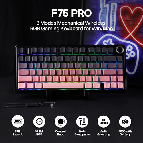 Image of MechLands Aula F75 PRO 75% Wireless Gaming Keyboard, Gasket Mechanical Custom Keyboard with Five-Layer Padding, BT /2.4GHz /USB-C, Hot Swappable, Knob, RGB, Reaper Switches (Black Pink)