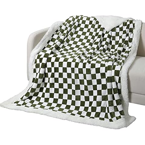 Queenshin Checkerboard Plaid Fluffy Sherpa Fleece Blankets Twin Size 150*200 CM, 500 GMS Christmas Double Bed Snuggle Throws for Couch Sofas, Green Cover