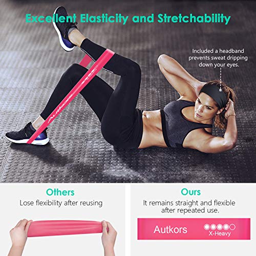 Foto von Autkors Widerstandsbänder Fitnessband, [5er Set] Gymnastikband 100% Latex Theraband mit Übungsanleitung auf Deutsch & Sport Stirnband & Tragebeutel für Muskelaufbau, Yoga, Gymnastik usw.