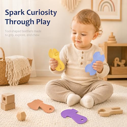 Image of Baby Tool Teethers 4 Pack, Textured Sensory Teething Toys for Boys 0-6 Months, Wrench Screwdriver Hammer & Axe Silicone Chew Toys, Baby Shower Gifts for Newborn & Infants