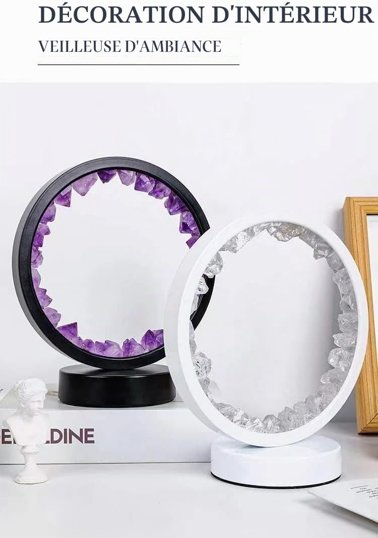 Lampe en Cristal Naturel, Trois Modes d'Éclairage, Luminosité Réglable, Alimentation par Port USB (Blanc Rond Fluorite Bleue)