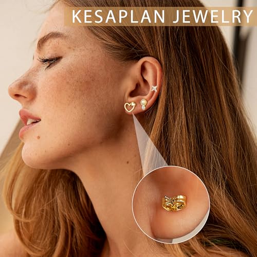 Image of KesaPlan Stud Earrings for Women 14K Gold Plated Hypoallergenic Hoop Earrings Set Small Studs Hoop Huggie Earring Multiple Piercing Star Heart Ball Cubic Zirconia Studs Stacks Trendy for Women Men