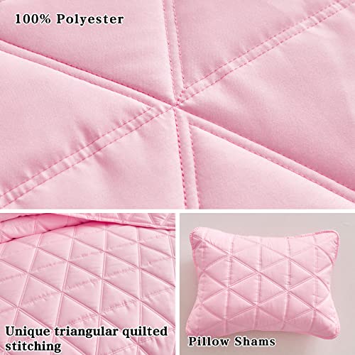 Pink Quilt Set King Size 3 Pieces (1 Quilt And 2 Pillow Shams) , Classic Soild Color Geometric Triangle Stitched Pattern Quilted Bedspread Coverlet Set, Lightweight And Soft Bed Cover For All Season #TOP4