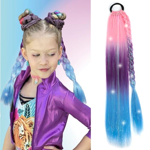 Braid Ponytail Extension with Hair Tie Colorful Ombre Braid Ponytail with Glitter Hair Tinsel 26″ Colored Braid Hair Extensions for Kids Girls, Rainbow Festival Party Rave Crazy Hair Day Accessories 2