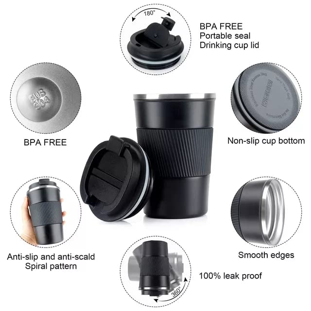 Image of YELONA Black 380 ML Insulated Stainless Steel Coffee Tea Tumbler for Hot Cold Beverages Portable Travel Mug Leak Proof Sipper Lock Lid Thermos Multipurpose for Home Office Gifts