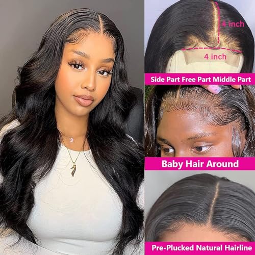 Image of 4x4 Lace Front Wigs Human Hair Pre Plucked with Baby Hair 150% Density 28 Inch Body Wave Brazilian Virgin Frontal Human Hair Wigs 4x4 Glueless HD Lace Closure Wig Human Hair for Women