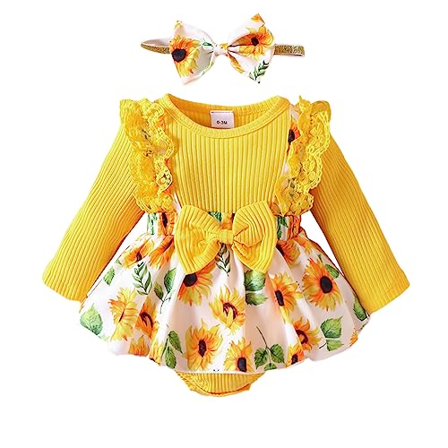 Image of Newborn Baby Girl Fall Winter Romper Dress Floral Ribbed Long Sleeve Romper Sunflower Lace Onsie Rompers Dress (Yellow lace Floral,0-3 Months)
