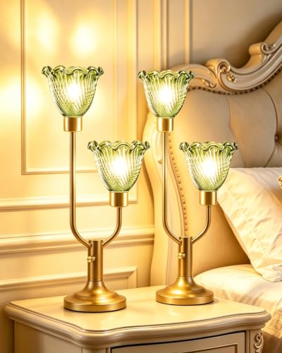 Image of Lightdot Green Bedroom Lamps Set of 2 Flower Glass Table Lamp Dimmable