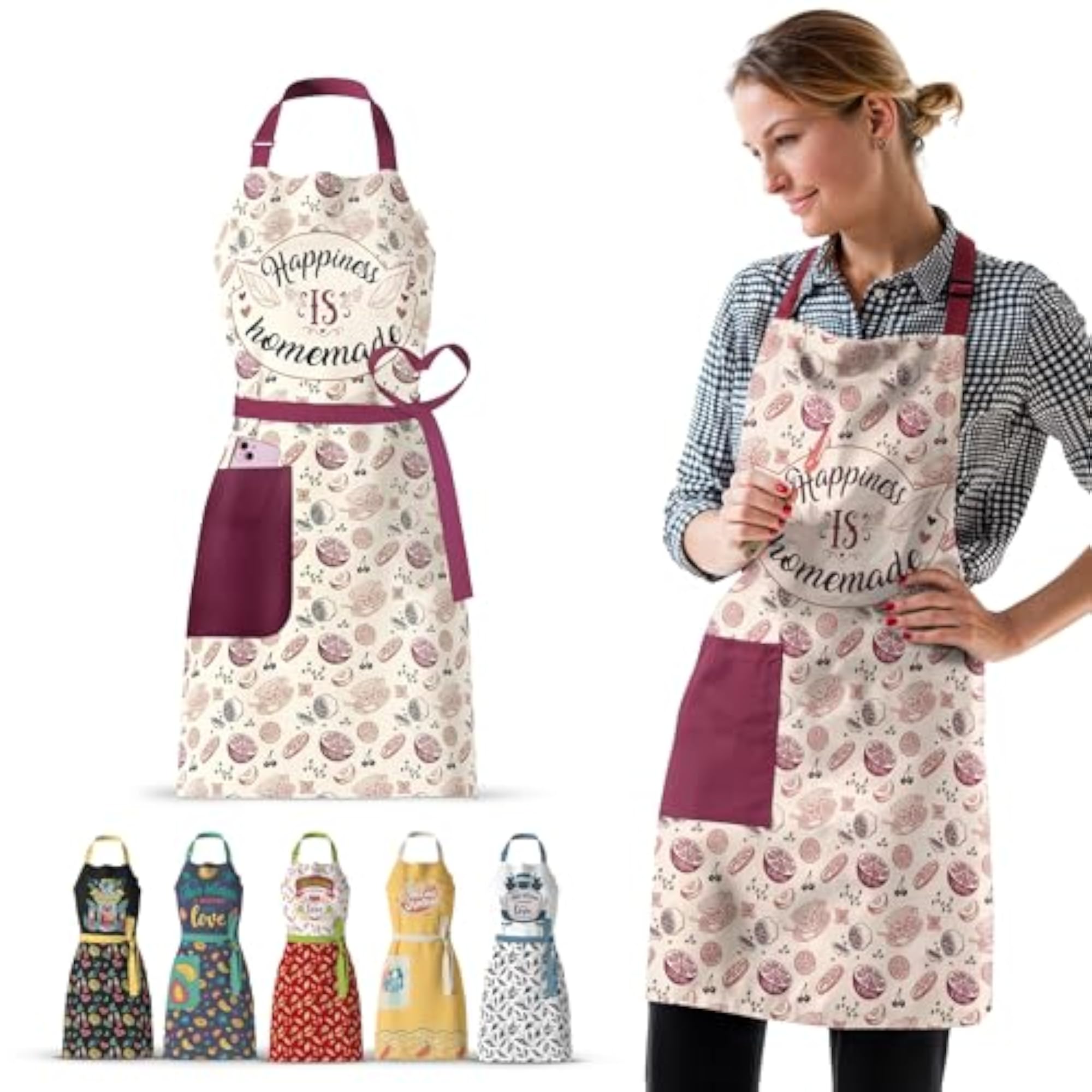 Waterproof Apron for Women with Large Pocket, Cherry Red