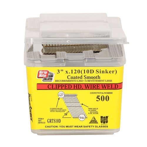Grip-Rite 10D Sinker - 3-Inch X .120 Vinyl Coated, Smooth Shank, 28? Clipped Head, Wire-Weld Collated, Stick Framing Nails - 500 Per Tub #TOP1