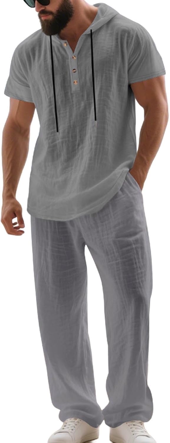 Cambkatl Men's Cotton Linen 2 Piece Outfits Lightweight Pullover Loose Button Up Short Sleeve Hoodie Beach Pants Lounge Sets