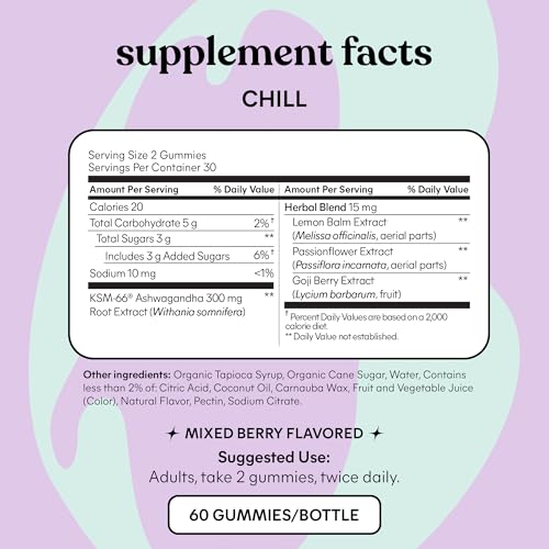 Lemme Chill Stress Relief Gummies with 300mg KSM-66 Ashwagandha, Lemon Balm, Passionflower & Goji to Support Relaxation, Healthy Cortisol & Sleep - Gluten-Free, Non-GMO, Mixed Berry (60 Count)