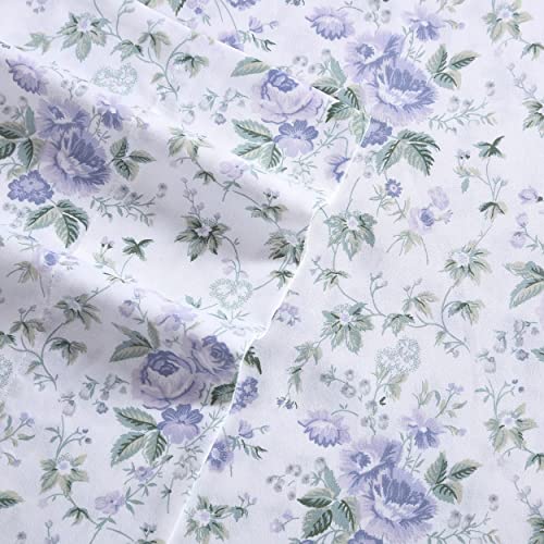 Image of Laura Ashley - Queen Size Sheet Set, Soft Cotton Sateen Bedding with Fitted Sheet and Pillowcases, Floral Bedroom Decor, Deep Pocket, College Dorm Room Essentials (Lilian Purple)