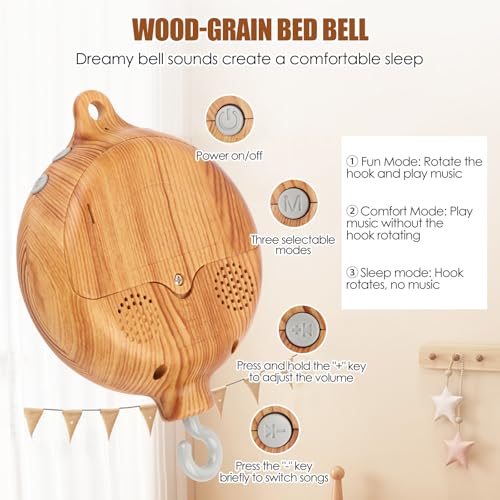 Baby Mobile Spieluhr Holzoptik Music Box Bettglocke,Kinderbett Mobile Motor Baby Spieluhr Spinner Mobile Babybett Babybettwäsche Rotierende Bettglocke Anhänger Babybett Deko