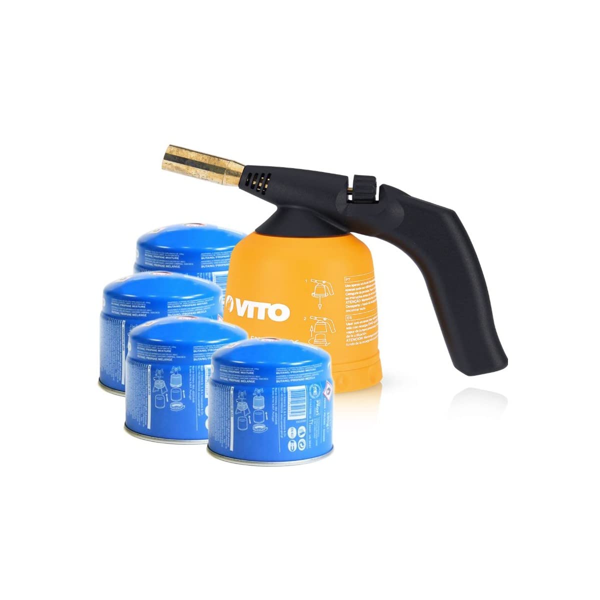 Lámpara de soldar VITO Encendido piezo carcasa ABS + 4 cartuchos de gas 190 g Seguridad stop gas
