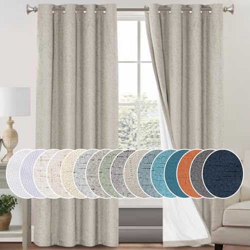 Image of PrinceDeco 100% Blackout Curtains Linen Blackout Curtains 84 Inches Long for Dining Room Grommet Soundproof Window Treatment Drapes for Hall Room, 52 inch Wide Per Panel, Set of 2,Cobblestone