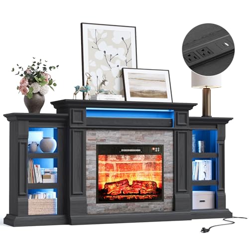 Naice 72" Electric Fireplace with Mantel and Cabinets, Fireplace TV Stand for TVs up to 80", LED Light & Power Outlet, 23in Insert Heater w/Realistic Red Brick Flame for Living Room Bedroom,Black