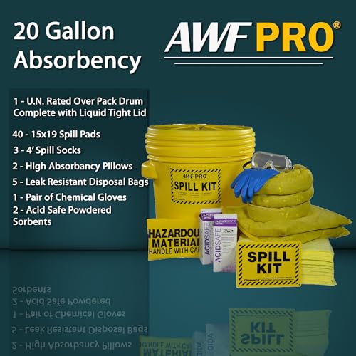 Image of AWF PRO 20 Gallon Battery Acid Spill Kit, 59 Pieces | Includes DOT Approved 20 Gallon Drum, Sorbent Socks, Pads, & Pillows, & Accessories