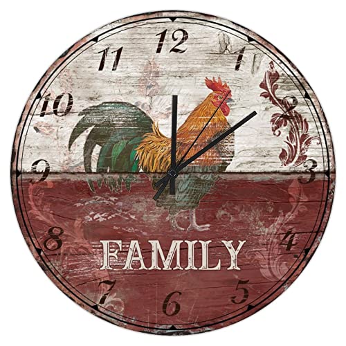Higoss Reloj de pared familiar retro de gallo silencioso sin tictac, reloj acrílico de jardín de 10 pulgadas, funciona con pilas, redondo, fácil de leer para el hogar, la oficina, el aula, la escuela Cover