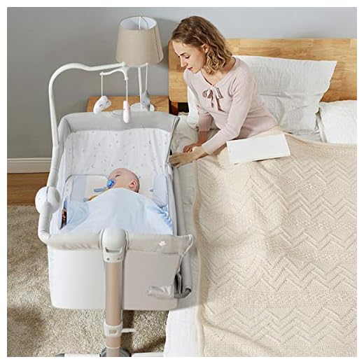 HONEY JOY Baby Bedside Crib, Portable Foldable Bedside Bassinet w/Toy Arch, Music, Breathable Mesh & Thick Mattress, Adjustable Height & Angle, Bed to Bed Co Sleeper for Newborn Infant (Light Gray)