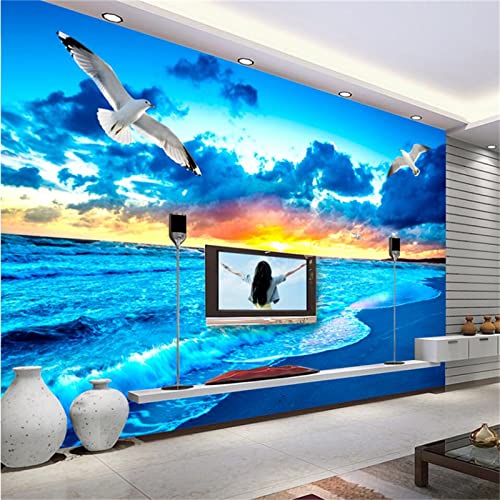 3D Sunrise Seascape Wall Mural Wallpaper, Removable Wall Mural Self-Adhesive Large Wallpaper for Kindergarten Bedroom Living Room Kids Room Tv Sofa Background Wall(100