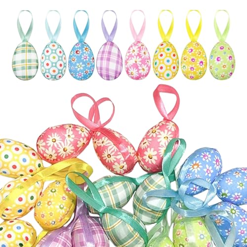 AEKZOX 24 œufs de Pâques en mousse à suspendre, décorations d'arbres, œufs décoratifs, motifs lapins et fleurs pour la décoration de Pâques (Tailles variées)