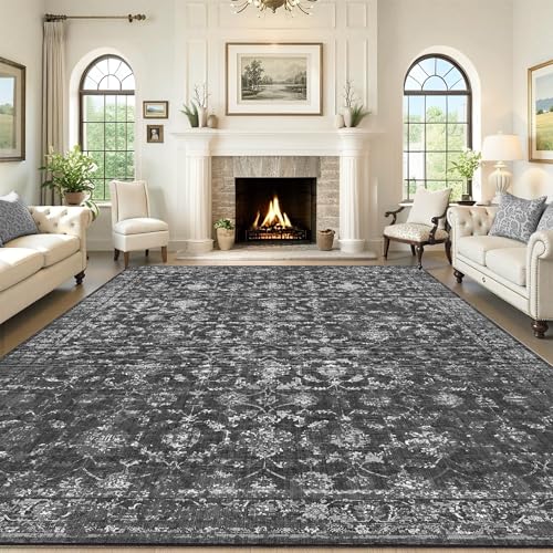 Washable Area Rug 9x12 Black Rugs for Living Room, Vintage