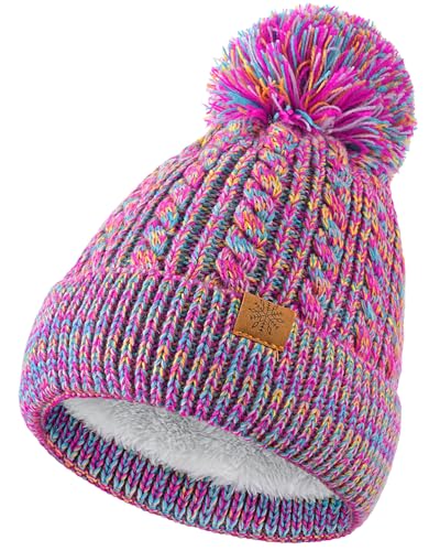 Clothclose Winter Hats for Kids - Kids Beanie, Toddler Knit Girls Winter Hat with Cute Pom-Pom Warm Fleece, Knit Girls Hat, Purple and Red