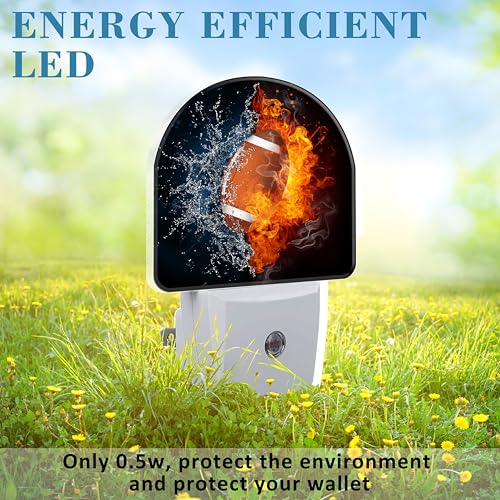 Image of Ice and Fire Football Night Light for Kids, LED Night Light Plug into Wall with Dusk to Dawn Sensor for Girls Boys Women Men Room Decor, Hallway, Kitchen, Bathroom, Nursery, Stairs