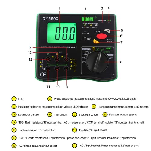 Hojila DY5500 4 In1 Multimeter Earth Ground Resistance Tester Meter Insulation Tester Voltmeter Phase Indicator thumb #2